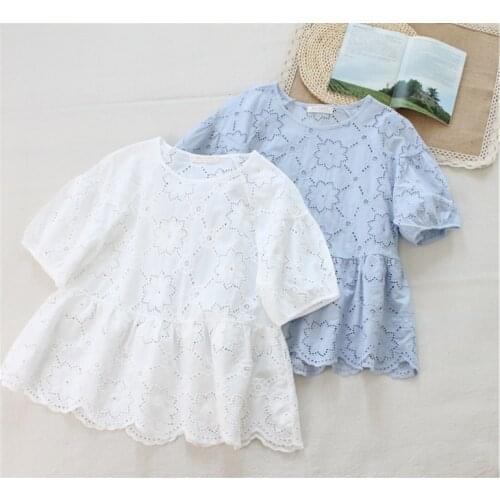 Lamtrip Sweet Kawaii Hollow Out Floral Embroidery Short Sleeve Cotton Shirt Blouse Top Mori Girl 2021 Summer