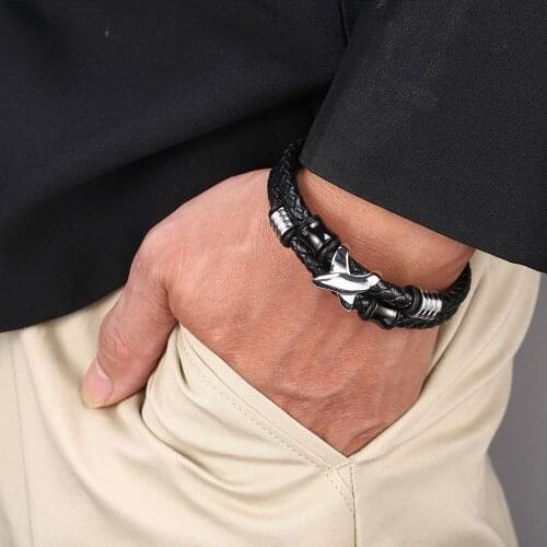 Fashion Black Braided Leather Bracelet Men Jewelry X Stainless Steel Parts Male Magnetic Clasp Bangle