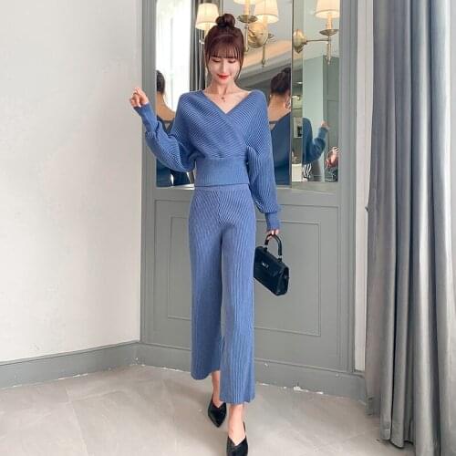 Fall Winter New Shiny Knitted Pullovers And Pants 2 Piece Set Women Sexy Big V-neck Batwing Sleeve Sweater And Long Pants Sets