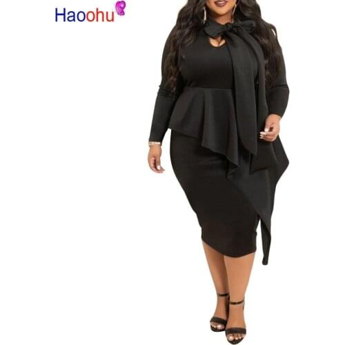 HAOOHU Plus Size Long Sleeve Autumn Dress Women 5xl Elegant Ladies Office Dress Bow Tie Bodycon Midi Sexy Party Dress