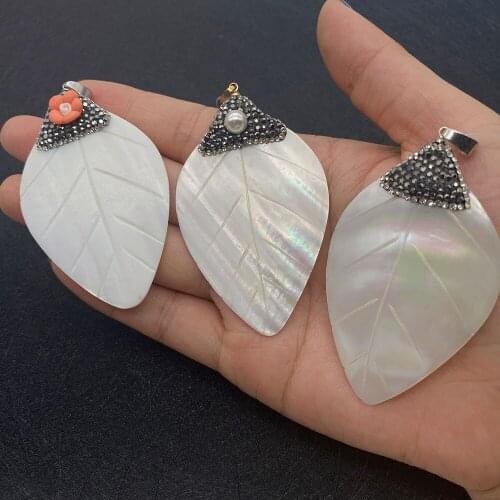 Natural Shell Pendant Leaf Shape Freshwater Shell Diamond and Imitation Pearl Pendant for DIY Necklace Jewelry Making Wholesale