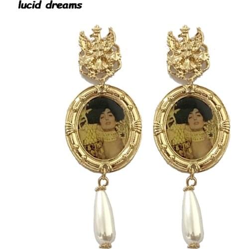 Gustav Klimt Baroque Pearl Drop Earrings Dangle For Women Palace Style Jewelry Statement Pendant Simple Earrings Vintage Lady