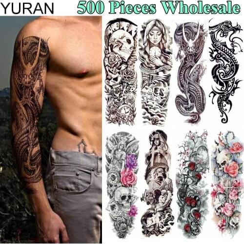 YURAN 500 Pieces Full Arm Leg Fake Tattoo Temporary 48x17CM Dragon Warrior Tatoo Flash 3D Body Art For Men Women Tattoo Stickers