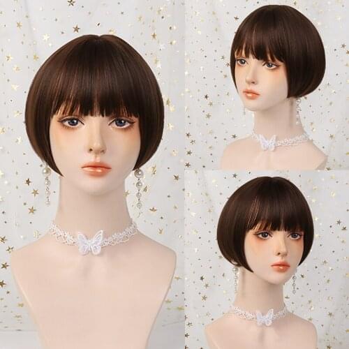 WEI LAI Short Hair Straight Hair Wig Synthetic Hair Wig Women Brown Bangs Wig Cosplay