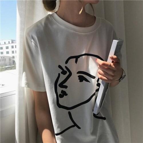 Women Vintage Style Line Drawing Face Art T-Shirt Women Cute Korean Fashion Graphic top Tee Fashion Ulzzang Grunge Art Shirt
