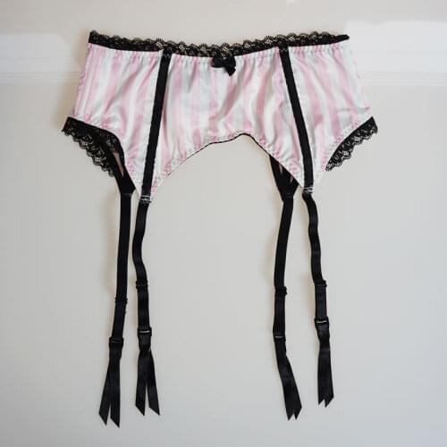 Pink Strip Lace Satin Fishbone Metal Buckles Women/Female/Lady Sexy Garter Belts for stockings Bow Suspender Belt GA1124