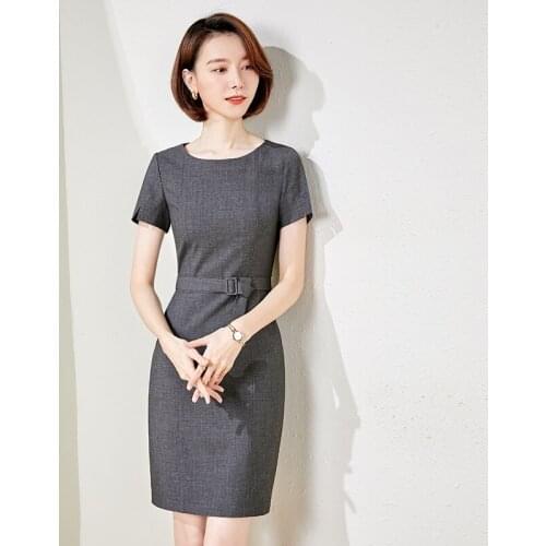 Beauty Salon Uniform Elegant Dresses Ol Styles Women Business Work Wear Dress Professional Ladies Vestidos With Belt AS525