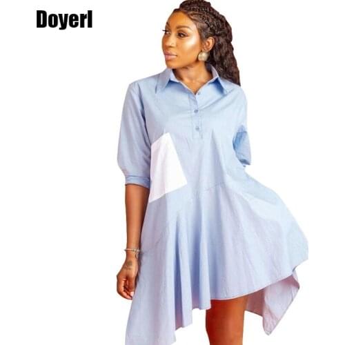 Loose Casual Shirt Dress Women Autumn Summer Patchwork Blue Short Shirt Dresses 2021 Turn Down Collar Button Ruffle Shirt Dress