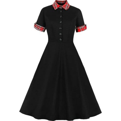2021 Plaid Print Black Women Casual Rockabilly Dress 40s 50s 60s Summer Button Front Shirt Sundress A Line Party Swing Dresses