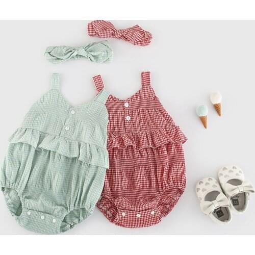 2021 Baby Girl Summer Clothes Fashion Sweet Sleeveless Romper Cotton Infant Plaid Sling Flounce Toddler Rompers Playsuits