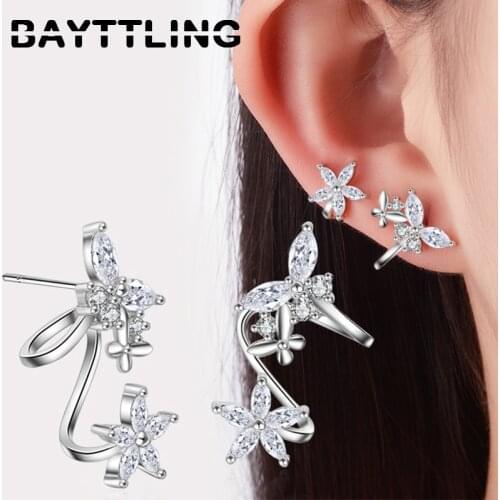 BAYTTLING 925 Sterling Silver 26MM Shiny Zircon Butterfly Flower Stud Earrings For Women Luxury Charm Wedding Party Gift Jewelry
