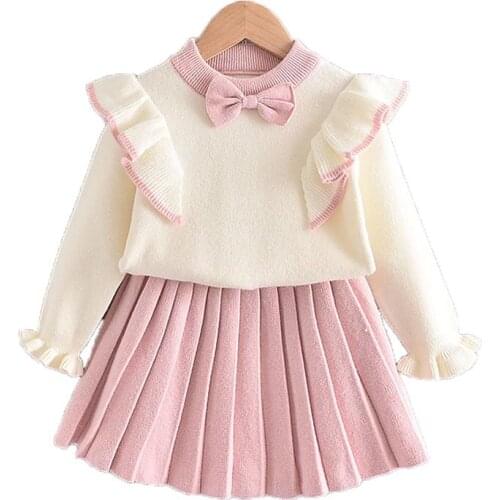 Bibihou Girls Outfits Winter Autumn Warm Bow Lattice Cute Sweater Shirt+Skirt 2 Pcs Kids Clothes Long Sleeve Two Pockets Fashion