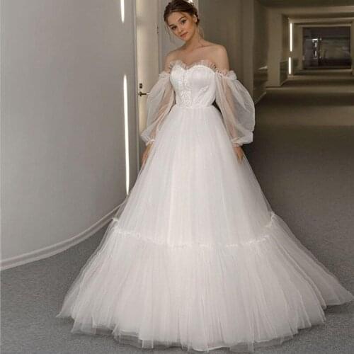 Bohemian Beach Wedding Dresses Sexy Off Shoulder Sweetheart Tulle Detachable Puff Sleeves Formal Long Bride Dress
