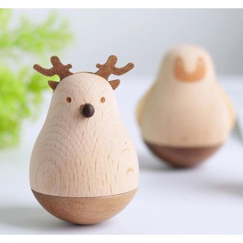 Deer Design Wooden Tumbler Statue Miniature Model Ornament Decor Children Toy Realistic Micro Animals Figurines Decoration Gift