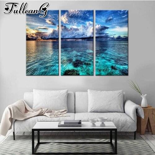 FULLCANG Blue sky and white clouds sea large triptych diy diamond painting mosaic embroidery sale full square round drill FC3480