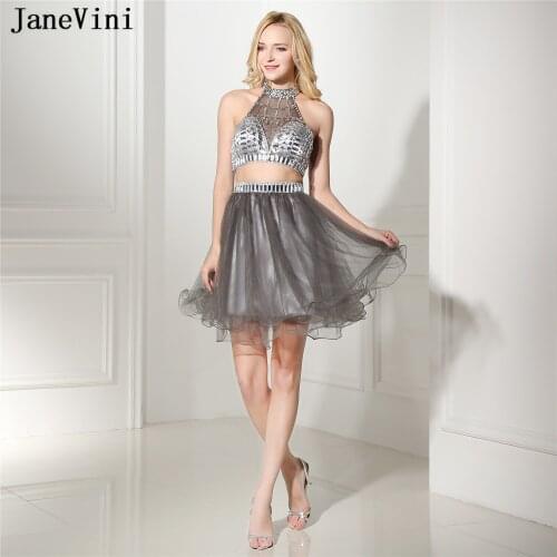 JaneVini Luxury Gray Beading A Line Short Homecoming Dresses 2019 High Neck Sleeveless Organza Plus Size Mini Formal Party Gowns