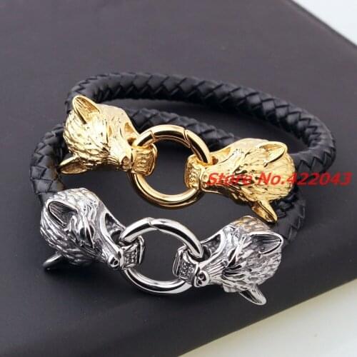Cool Stainless Steel Wolf Head Bracelets Bangles High Quality Black Genuine Leather Bracelet Men Pulseras Jewelry Gift 8.66inch