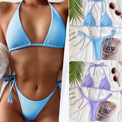 Swimsuit Women Sexy 2 Piece Micro Bikini Set Triangle Top G-String Thong Bathing Suit Set Beachwear