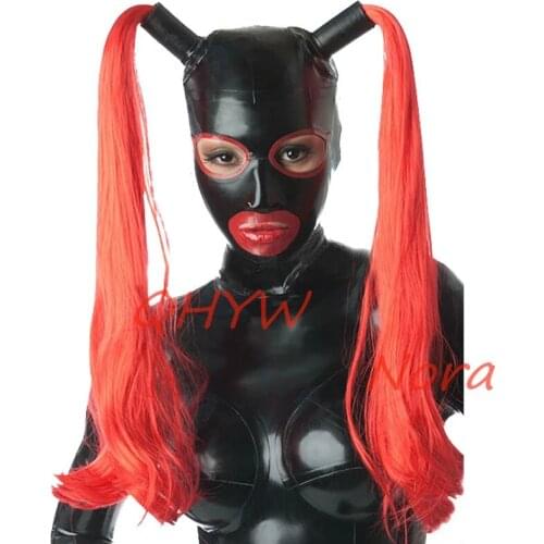 Latex Hoods with Wigs Customized Fetish Mask Hood Handmade Natural Zentai Hoods Women Black Open Eyes Headgear