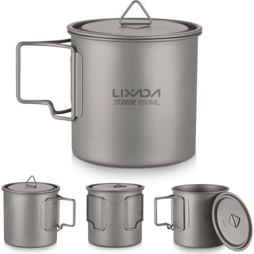Lixada Titanium Cup Mug Pots Outdoor Tableware Camping Cup Picnic Water Cup Mug of Coffee Tea with Lid Handle 300/350/550/650ml