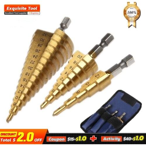 LIJIAN 3pcs 1/4" Hss Step Cone Taper Drill Bit Set Hole Cutter Metric Titanium Coated Metal Hex Stepped Drill Bits 4-12/20/32mm