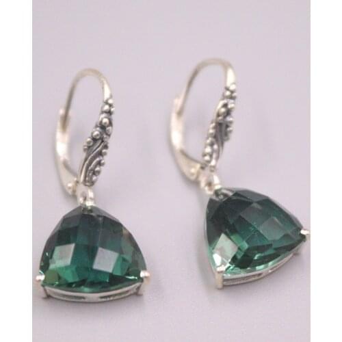 Genuine Real 925 Sterling Silver with Trillion Green Crystal Dangle Earrings 1.18inch Length