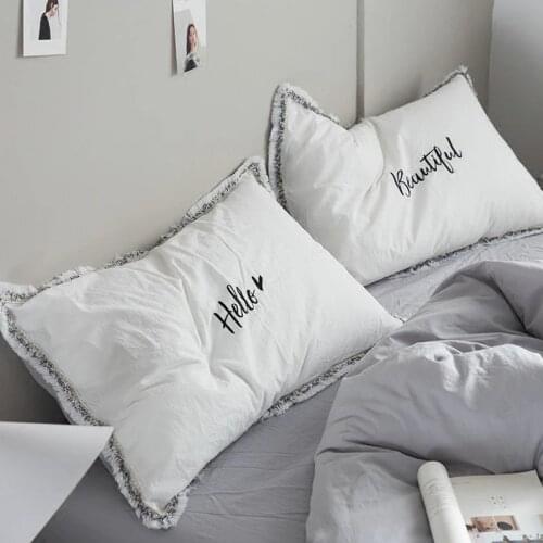 2PC Embroidery Pillowcase Bedding 100% Cotton Pillow Cover White Pink Gray Hello Beautiful Letters For Couple Bedroom Home Decor