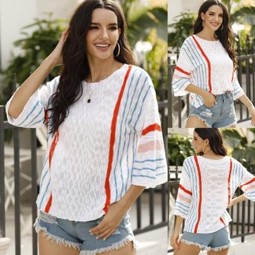 Autumn Winter Turtleneck Pullovers Sweaters Women Casual O Neck 3/4 Flared Sleeve Striped Loose Pullover Knitted Sweater Femme