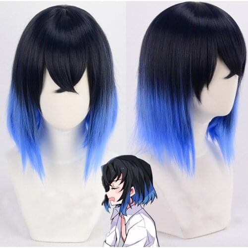 High Quality Hair Anime Demon Slayer Kimetsu no Yaiba Hashibira Inosuke Short Blue Ombre Heat Resistant Cosplay Wig + Wig Cap