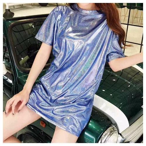 Personalized Bright Silk T-shirt Womens Short-sleeved Round Neck Loose Sequin Flashing T-shirt Womens Bottoming Shirt Tops