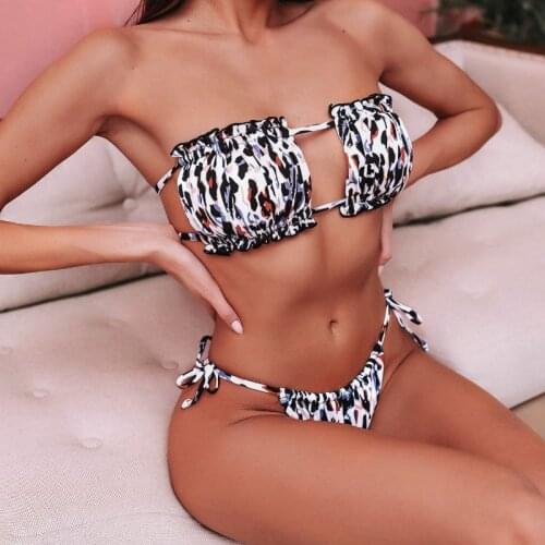 Sexy Fold Hollow Straples Ruffles Bandage Women Bikini Set Pure Color Sumwear New 2020 Push Up Padded Swimwear Bathing Suit