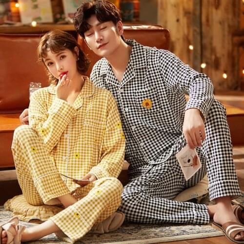 SLPBELY Couple Pajamas Set Spring Simple Cotton Daisy Printed Plaid Men And Women Long Sleeve Lovers Pyjamas Sleepwear Homewear