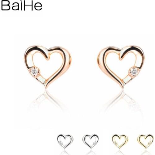 BAIHE Solid 14K Rose Gold 0.01ct H/SI Natural Diamonds Earrings Wedding Trendy Jewelry Heart Stud Earrings For Women серьги