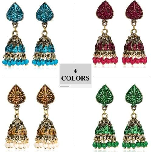 SHUANGR Vintage Ethnic Jewelry Indian Jhumka Small Bell Tassel Earrings Antique Ethnic Multi Color Drop Earrings Brincos Jewelry