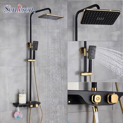 Senlesen Black Gold Plated Copper Bath Shower Faucet Bathroom Shower Faucet Shower Set Mixer Adjust Height
