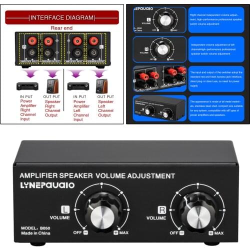 Speaker Volume Splitter Selector Switch Box Left Channels Amplifier Up to 150W Per Channel Speakers for Music Audio