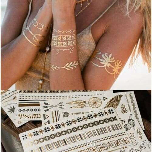 10 sheets Fashion Gold Silver Metal Flash Tattoo Metallic Tattoo Sticker Temporary Body Art women Beach Waterproof Size 15X21c