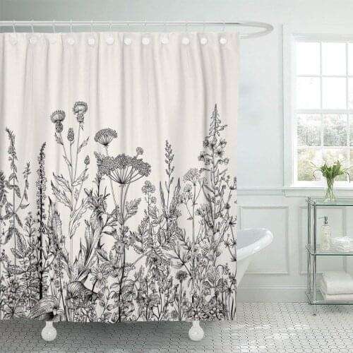 Floral Border Herbs and Wild Flowers Botanical Engraving Black Shower Curtain Waterproof Polyester Fabric 72 Inches with Hooks