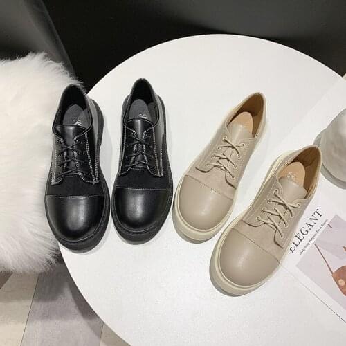 2020 New Lace Up Leather Brogues Flats Female Oxfords Shoes For Women Plus Size Square Heels Shoes Woman Ladies Shoes Creepers
