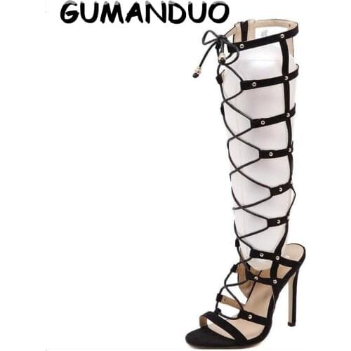 GUMANDUO Valentine Shoes Women Hollow Suede Rivet High Heeled Sandals Cross Straps Knee High Boots Stiletto Gladiator Sandals