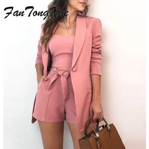 Office Lady 3-piece Suit Pink Sling & Coat & Shorts OL Three Piece Outfits Women Sheath Full Sleeve Notched Bow Clothing Women