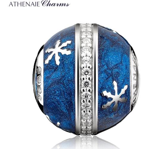 ATHENAIE 925 Sterling Silver Clear CZ Midnight Blue Enamel Wintry Delight Snowflake Charms Beads for Winter Women Bracelet Xmas