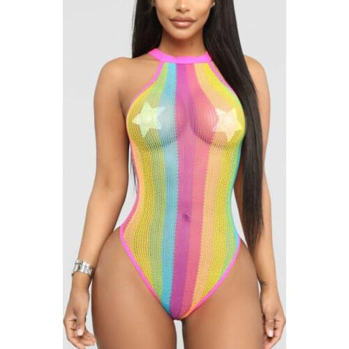 2020 Summer Sexy Women Fishnet One-Piece Swimsuit Ladies Swimwear Monokini Push Up Rainbow Striped Bathing Suit Swimming Costume