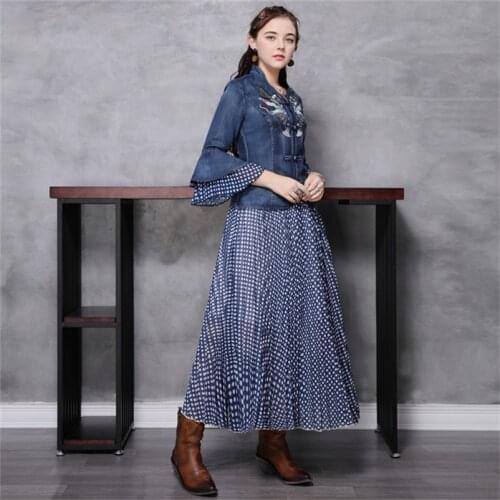 Women Embroidery 2PCS dress 2020 Vintage Women Dresses Stand Collar Flare Sleeve Vestidos Denim TOP + Chiffon Polka Dot Skirt