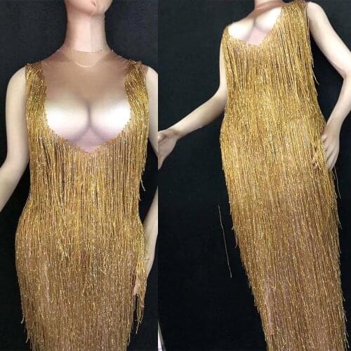 Women Sexy Gold Tassel Mesh Long Evening Dress Birthday Party Celebrate Performance Stretch Dress Bar Club Jazz Dance Costumes