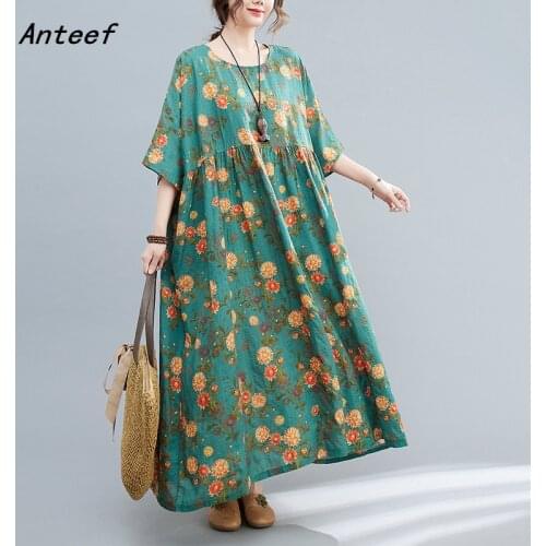 Short sleeve cotton vintage floral dresses for women casual loose long woman summer dress elegant clothes 2021