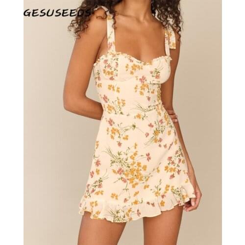 Sexy dress women summer floral dresses vintage ruffle dress sleeveless holiday dresses beige mini dress blue sundress chiffon