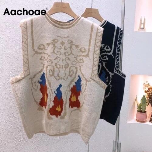 Aachoae Women Stylish Printed Vest Sweater Basic O Neck Knitted Sleeveless Pullovers Fashion Casual Waistcoat Female Tops