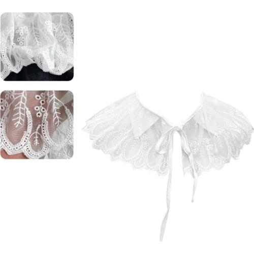 066F Hollow Out Mesh Decorative Fake Collar Shawl Sweet Leaves Embroidered Necklace Half Shirt Pleated Tulle Mini Poncho