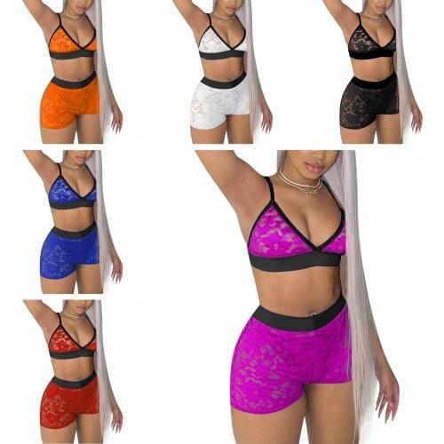 2Pcs Women Outfit Nightwear Sleapwear Splicing Lace Spaghetti Strap V-Neck Tank Tops + Elastic Waist Shorts for Girls, 6 Colors